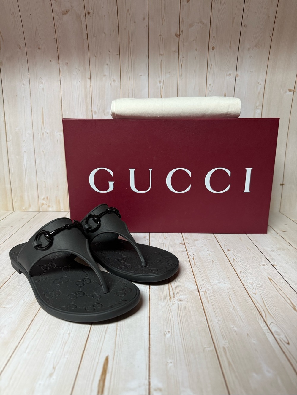 Gucci Minorca Rubber Horsebit Thong Sandals Black Sz 36 / 6